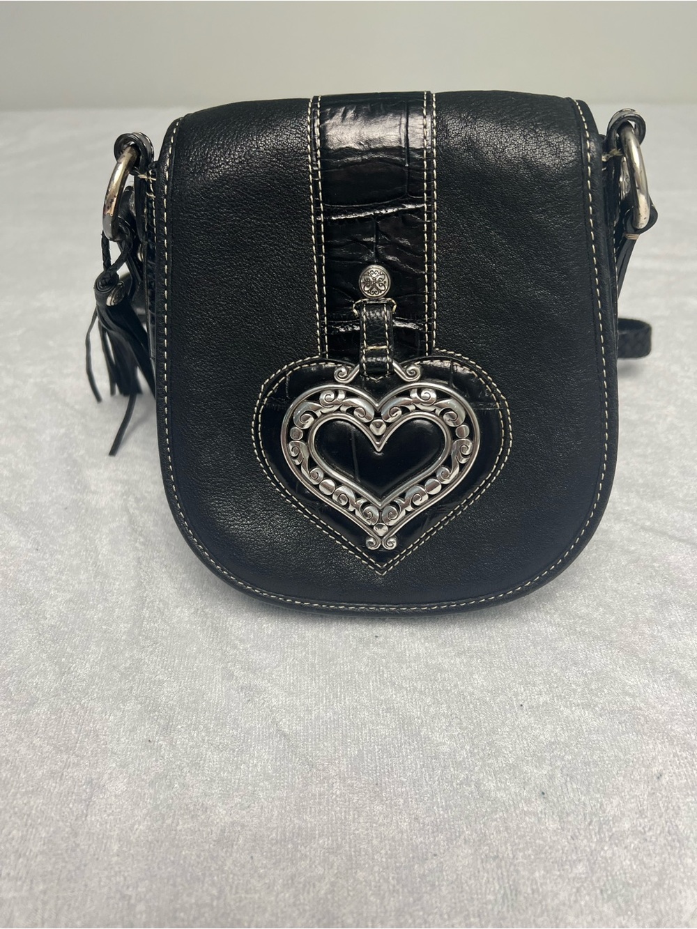 Brighton Black Leather Crossbody Bag Tassel Heart Charm Organizer Flap Purse